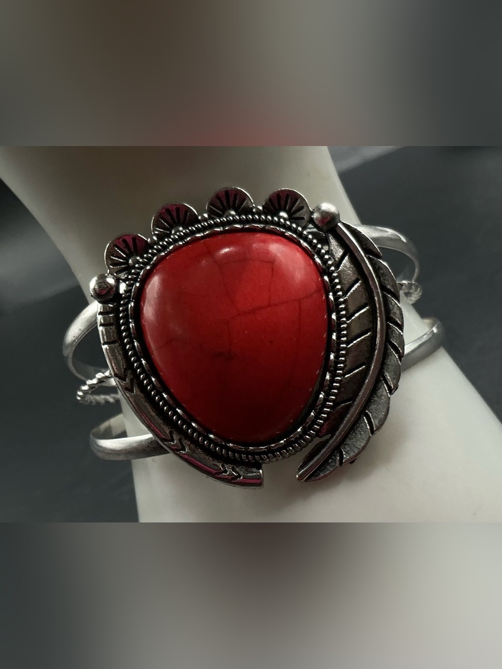 SILVER TONE RED FAUX TURQUOISE ADJUSTABLE CUFF WESTERN BOHEMIAN STYLE BRACELET